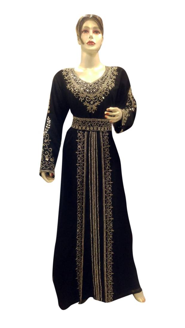 Navy Blue Embroidered Georgette Islamic Kaftans With Zari & Stone Work