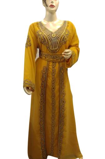 Yellow Embroidered Georgette Islamic Kaftans With Zari & Stone Work