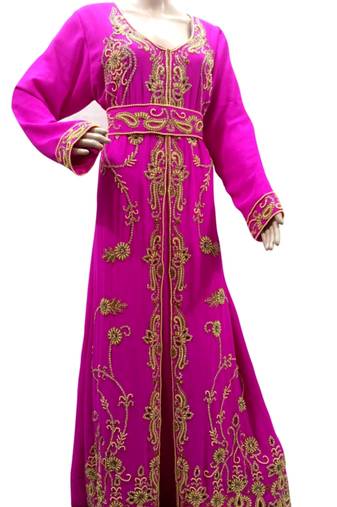 Pink Embroidered Georgette Islamic Kaftans With Zari & Stone Work