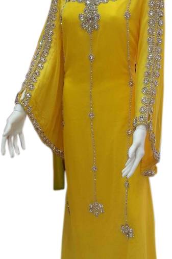 Yellow Embroidered Georgette Islamic Kaftans With Zari & Stone Work