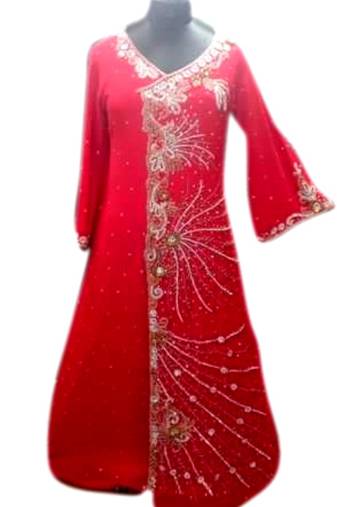Red Embroidered Georgette Islamic Kaftans With Zari & Stone Work
