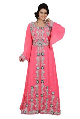 Tomato Embroidered Georgette Islamic Kaftans With Zari & Stone Work 1