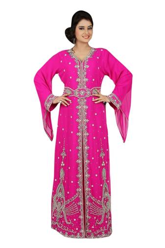 Pink Embroidered Georgette Islamic Kaftans With Zari & Stone Work