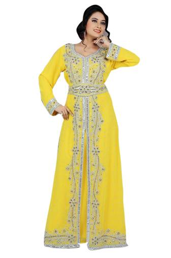 Yellow Embroidered Georgette Islamic Kaftans With Zari & Stone Work