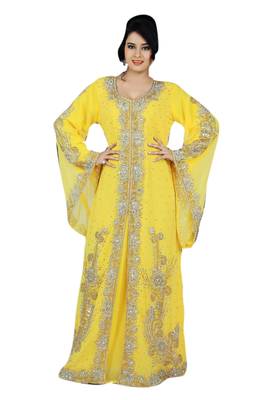 Yellow Embroidered Georgette Islamic Kaftans With Zari & Stone Work 1