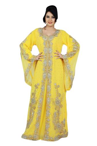 Yellow Embroidered Georgette Islamic Kaftans With Zari & Stone Work