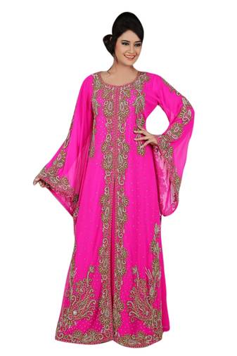 Pink Embroidered Georgette Islamic Kaftans With Zari & Stone Work