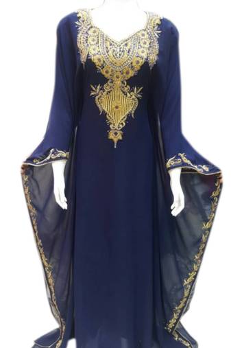 Navy Blue Embroidered Georgette Islamic Kaftans With Zari & Stone Work