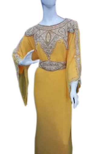 Yellow Embroidered Georgette Islamic Kaftans With Zari & Stone Work