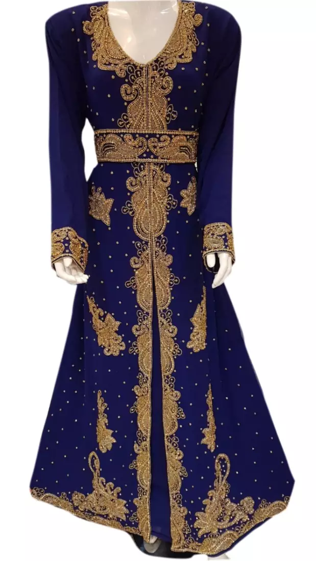 Royal Blue Embroidered Georgette Islamic Kaftans With Zari & Stone Work