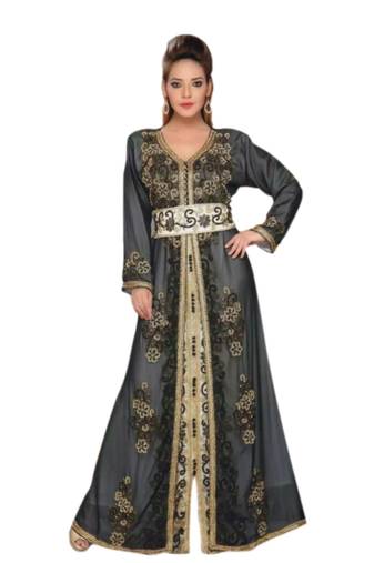 Inner Cream Jacket Black Embroidered Georgette Islamic Kaftans With Zari & Stone Work