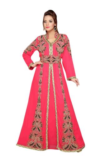Pink Embroidered Georgette Islamic Kaftans With Zari & Stone Work