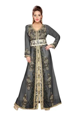 Inner Cream Jacket Black Embroidered Georgette Islamic Kaftans With Zari & Stone Work 1
