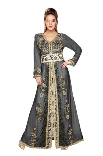 Inner Cream Jacket Black Embroidered Georgette Islamic Kaftans With Zari & Stone Work