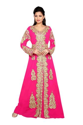 Pink Embroidered Georgette Islamic Kaftans With Zari & Stone Work