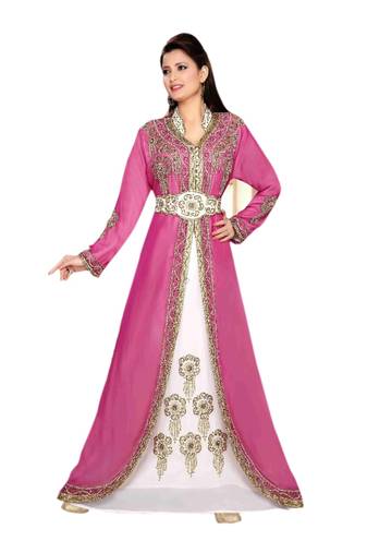 Inner Cream Jacket Pink  Embroidered Georgette Islamic Kaftans With Zari & Stone Work