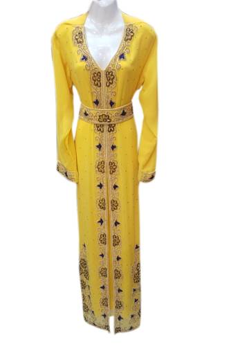 Yellow Embroidered Georgette Islamic Kaftans With Zari & Stone Work