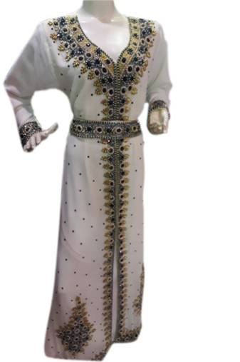 White Embroidered Georgette Islamic Kaftans With Zari & Stone Work