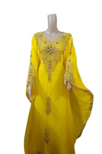Yellow Embroidered Georgette Islamic Kaftans With Zari & Stone Work