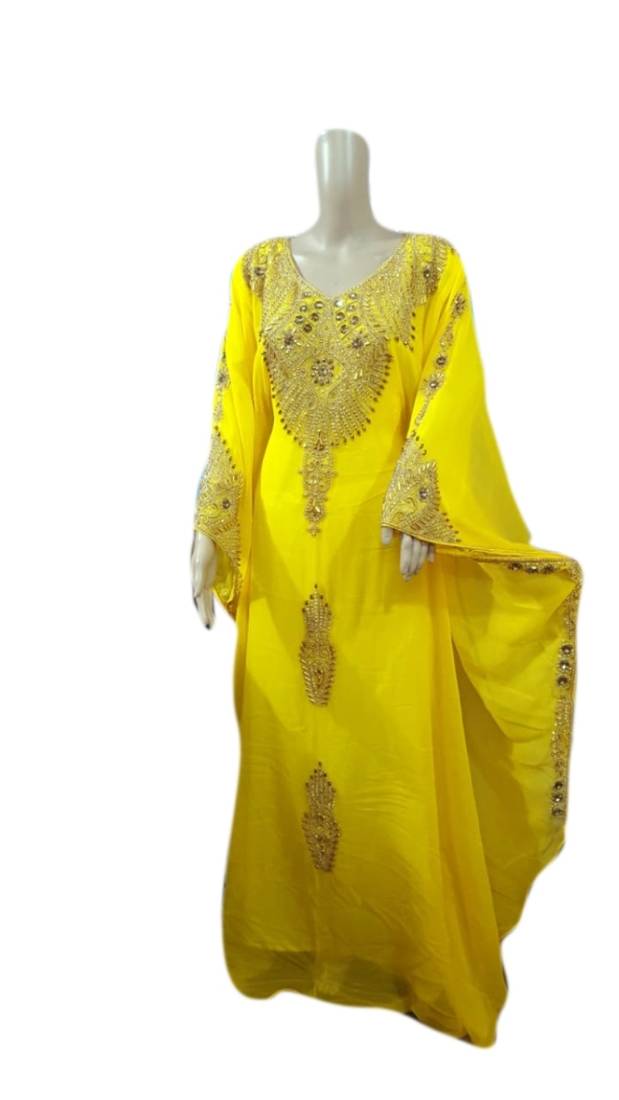 Yellow Embroidered Georgette Islamic Kaftans With Zari & Stone Work