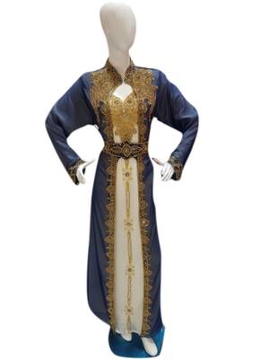 Inner Cream Jacket Navy Blue Embroidered Georgette Islamic Kaftans With Zari & Stone Work 1