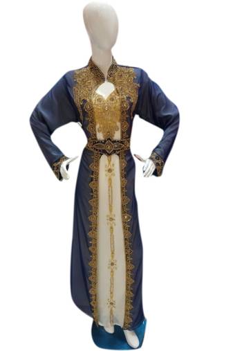 Inner Cream Jacket Navy Blue Embroidered Georgette Islamic Kaftans With Zari & Stone Work