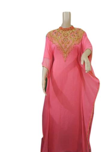 Tomato Embroidered Georgette Islamic Kaftans With Zari & Stone Work