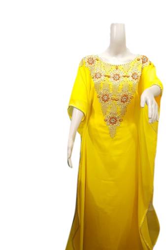 Yellow Embroidered Georgette Islamic Kaftans With Zari & Stone Work