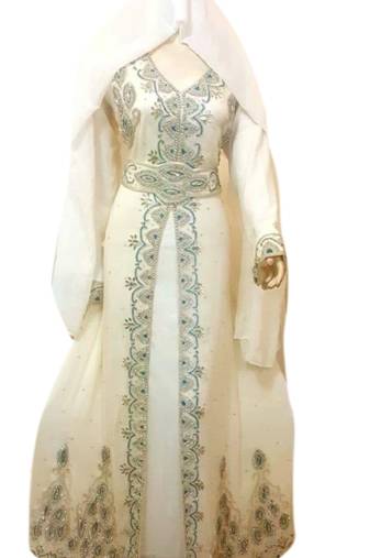 Cream Embroidered Georgette Islamic Kaftans With Zari & Stone Work