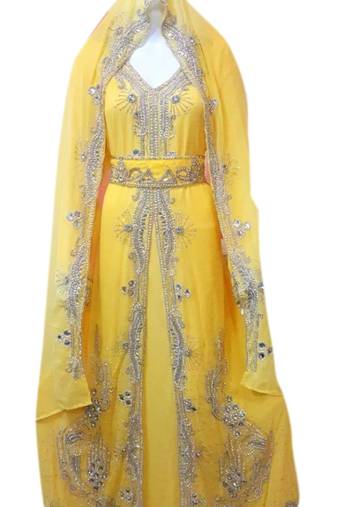 Yellow Embroidered Georgette Islamic Kaftans With Zari & Stone Work