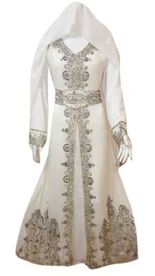 Off White Embroidered Georgette Islamic Kaftans With Zari & Stone Work 1