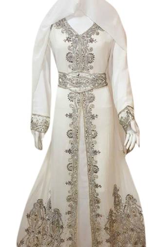 Off White Embroidered Georgette Islamic Kaftans With Zari & Stone Work