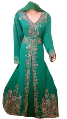Green Embroidered Georgette Islamic Kaftans With Zari & Stone Work 1