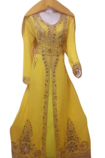 Yellow Embroidered Georgette Islamic Kaftans With Zari & Stone Work
