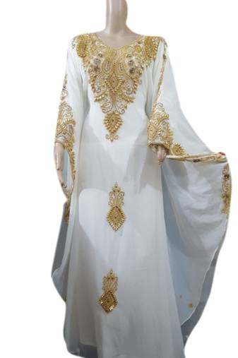 White Embroidered Georgette Islamic Kaftans With Zari & Stone Work