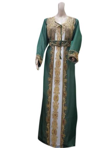 Inner Cream Jacket Dark Green Embroidered Georgette Islamic Kaftans With Zari & Stone Work