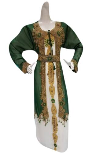 Inner Cream Jacket Bottle Green Embroidered Georgette Islamic Kaftans With Zari & Stone Work