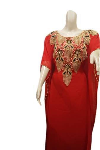 Red Embroidered Georgette Islamic Kaftans With Zari & Stone Work