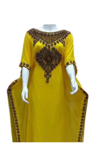Yellow Embroidered Georgette Islamic Kaftans With Zari & Stone Work