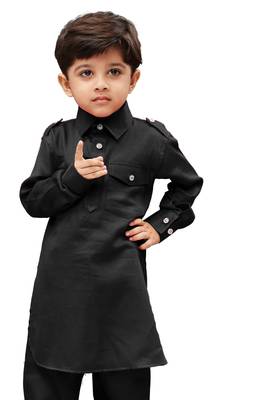 Black Solid Cotton Boys Kurta 1