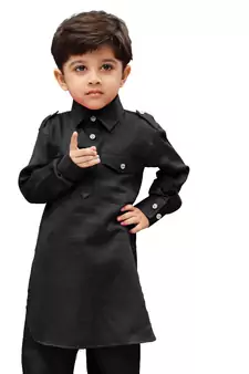 Black Solid Cotton Boys Kurta