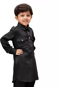 Black Solid Cotton Boys Kurta