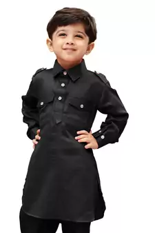 Black Solid Cotton Boys Kurta