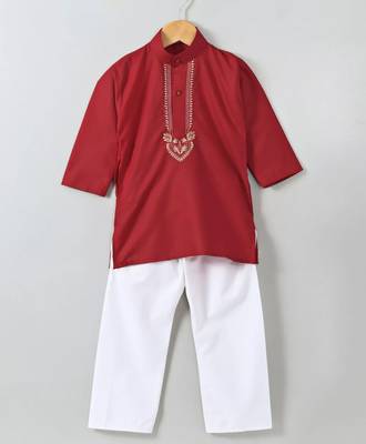 Red Embroidered Cotton Boys Kurta Pyjama 1