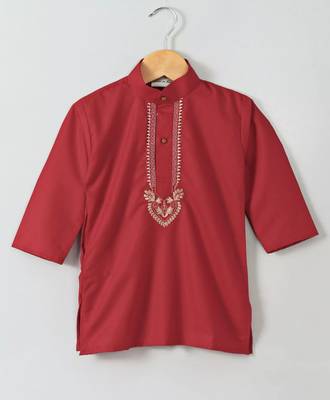 Red Embroidered Cotton Boys Kurta Pyjama 2