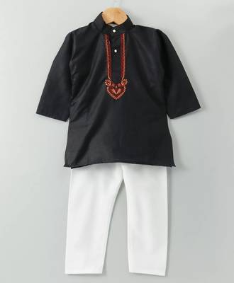 Black Embroidered Cotton Boys Kurta Pyjama 1