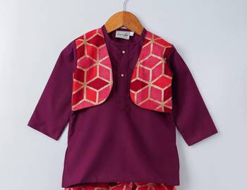 Purple Embroidered Cotton Boys Dhoti Kurta 2