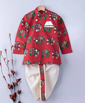 Red Embroidered Banglori Silk Boys Dhoti Kurta 1