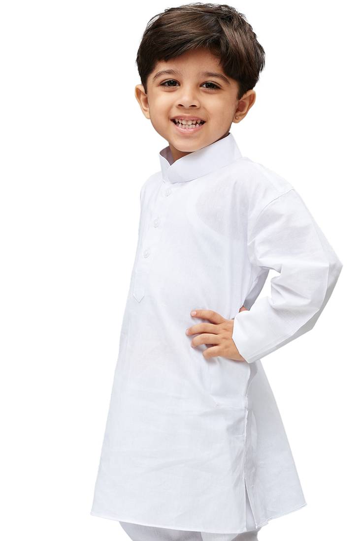White Solid Cotton Boys Kurta Pyjama