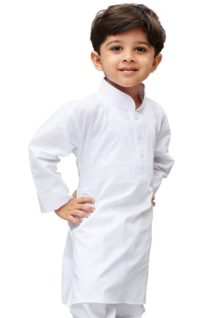 White Solid Cotton Boys Kurta Pyjama